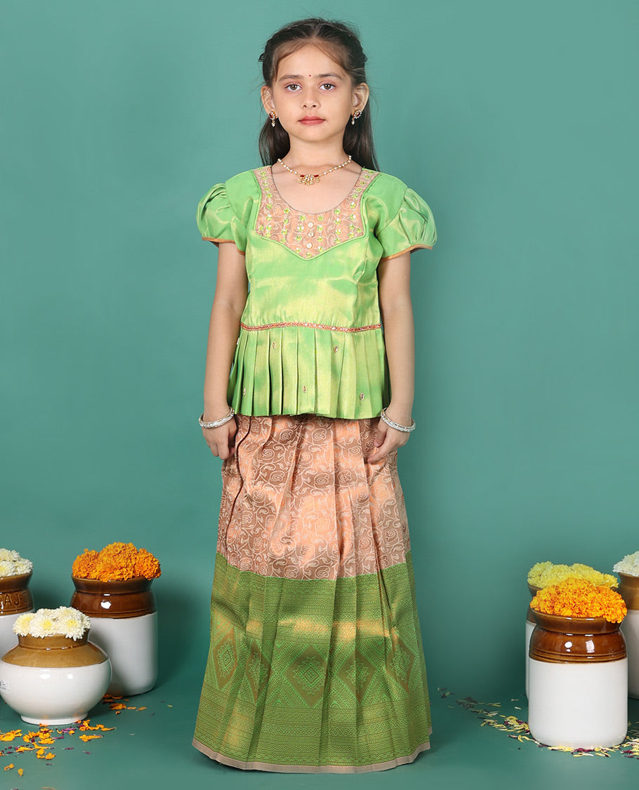 Peach readymade art silk pavadai, jacquard & contrast traditional zari border skirt, & puff-sleeve round-neck blouse