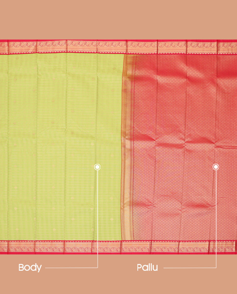 Green Budget Silk Saree, Sparsely Threaded with Zari Buttas and Checks, a Contrast Traditional Zari Border, Jaal Pallu, and a Contrast Blouse