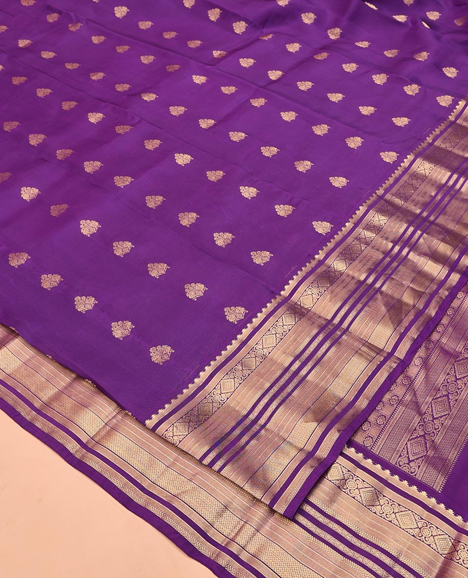 Violet Vasundhara Lite Silk Mix Saree, Elevated with Zari Buttas On Its Body, Highlighted by Rekku, Diamond, Kathir, Neli, and Mayil Kann Designs, Grandly Decked Up Pallu and Paired with a Matching Blouse