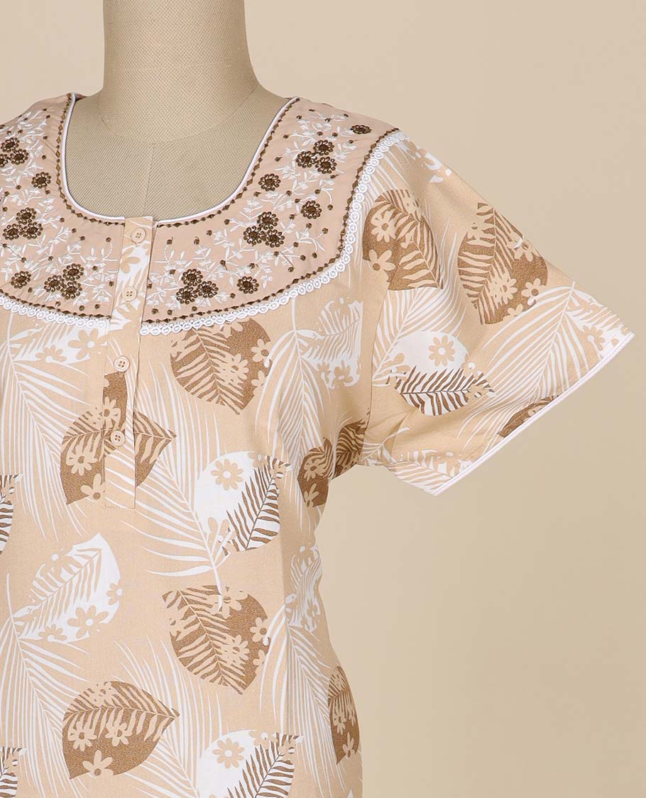 Cream floral printed & floral thread embroidery round neck cotton half-sleeve nighty