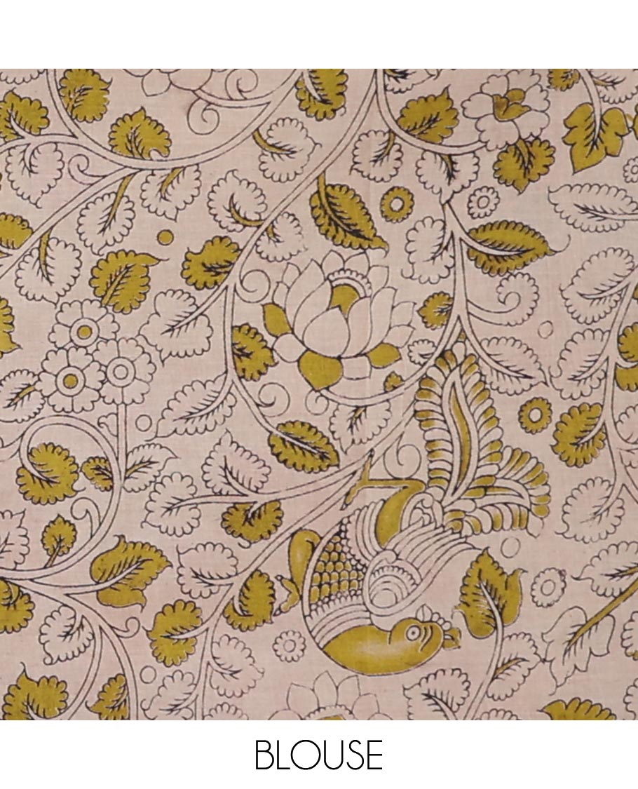 Black floral vine, animal design machine-printed kalamkari cotton saree with contrast floral design border & pichwai design pallu