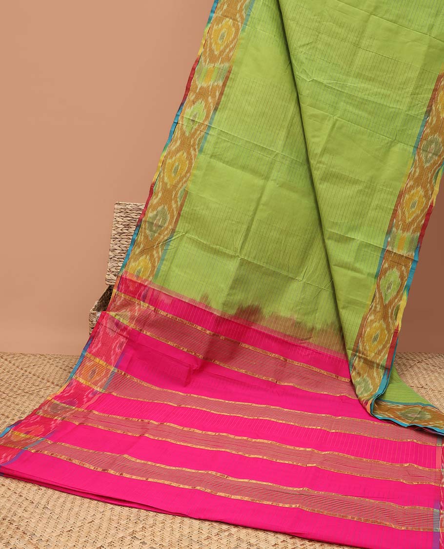 Light green striped kupadam cotton saree, contrast ikkat design border & pallu of stripes