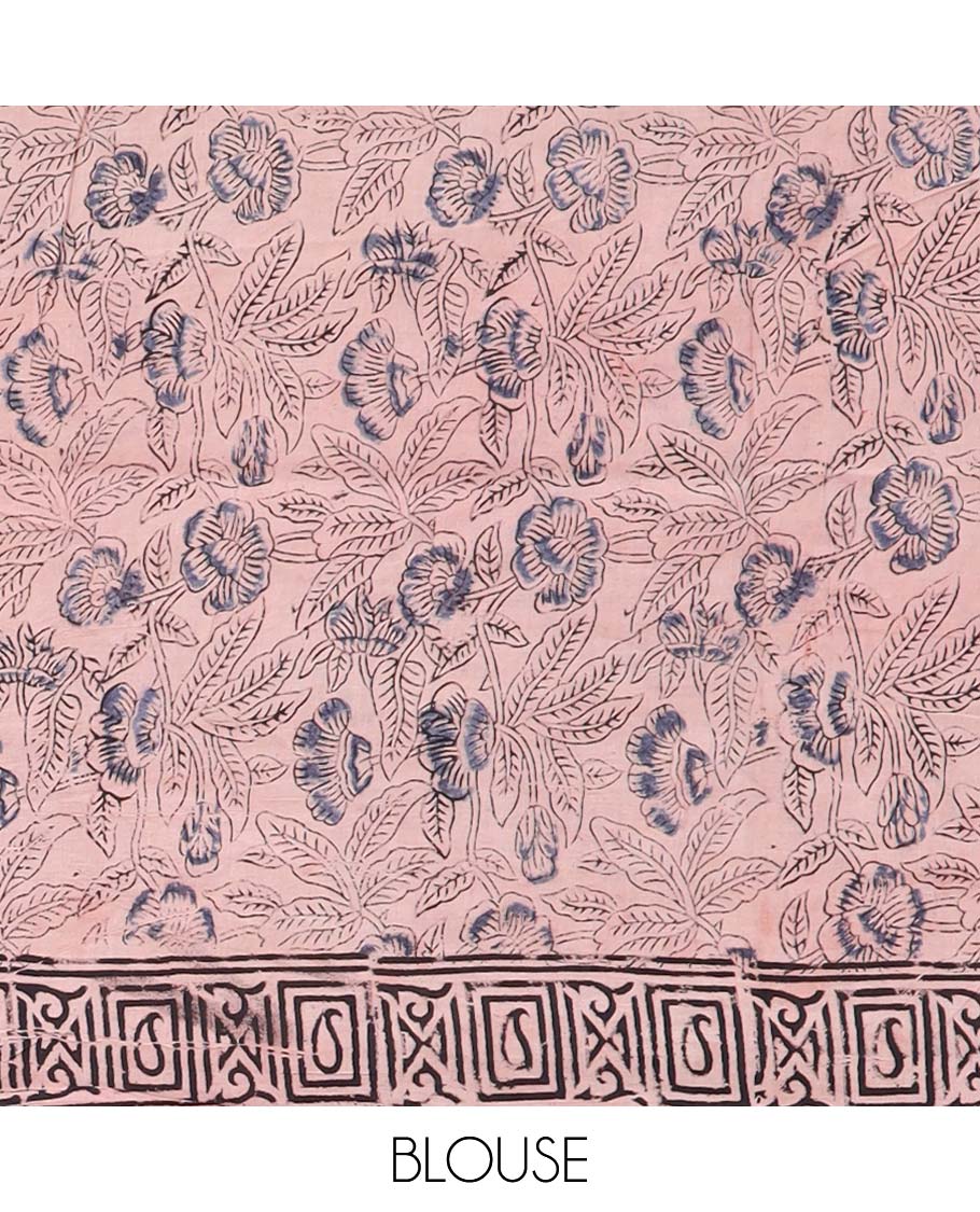Red leaf design machine-printed kalamkari cotton saree with contrast intricate geometric design border & geometric, floral design pallu