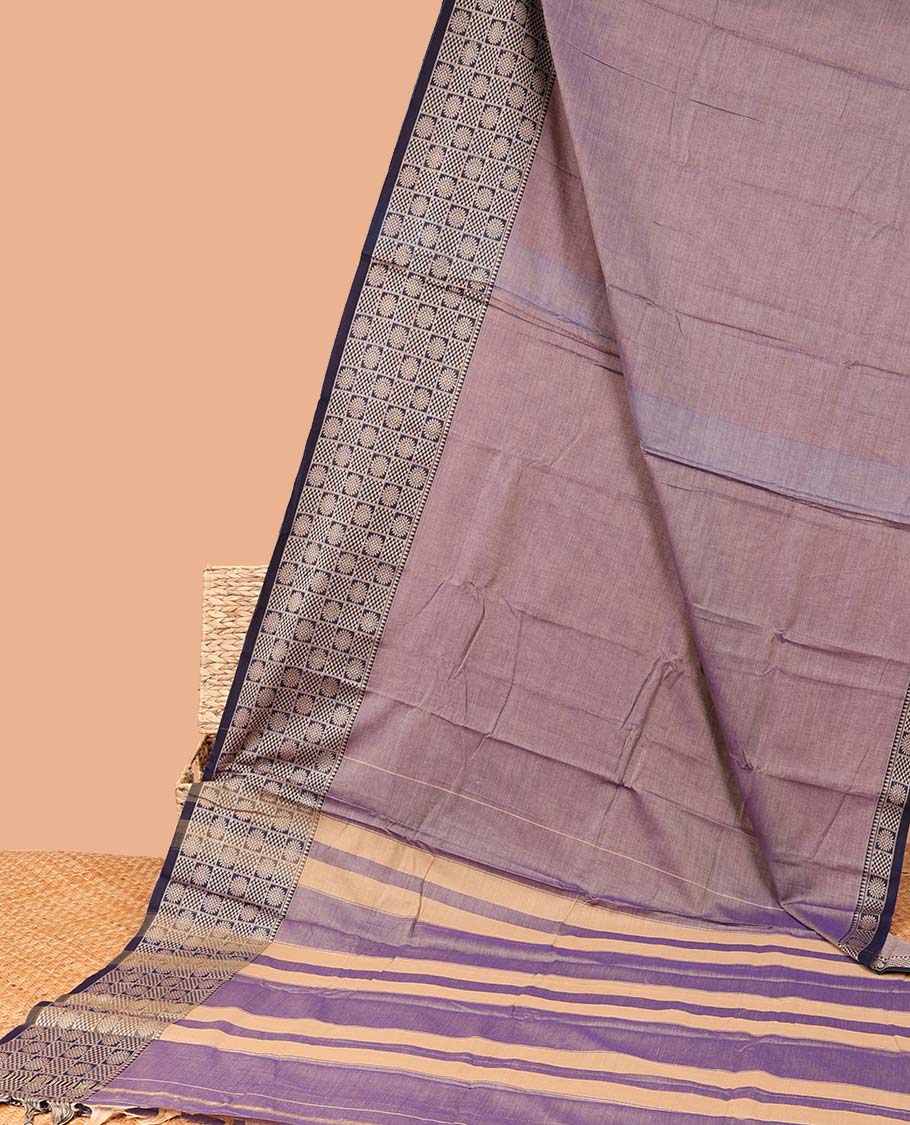 Lavender plain design Narayanapet cotton saree, contrast traditional design border & striped pallu