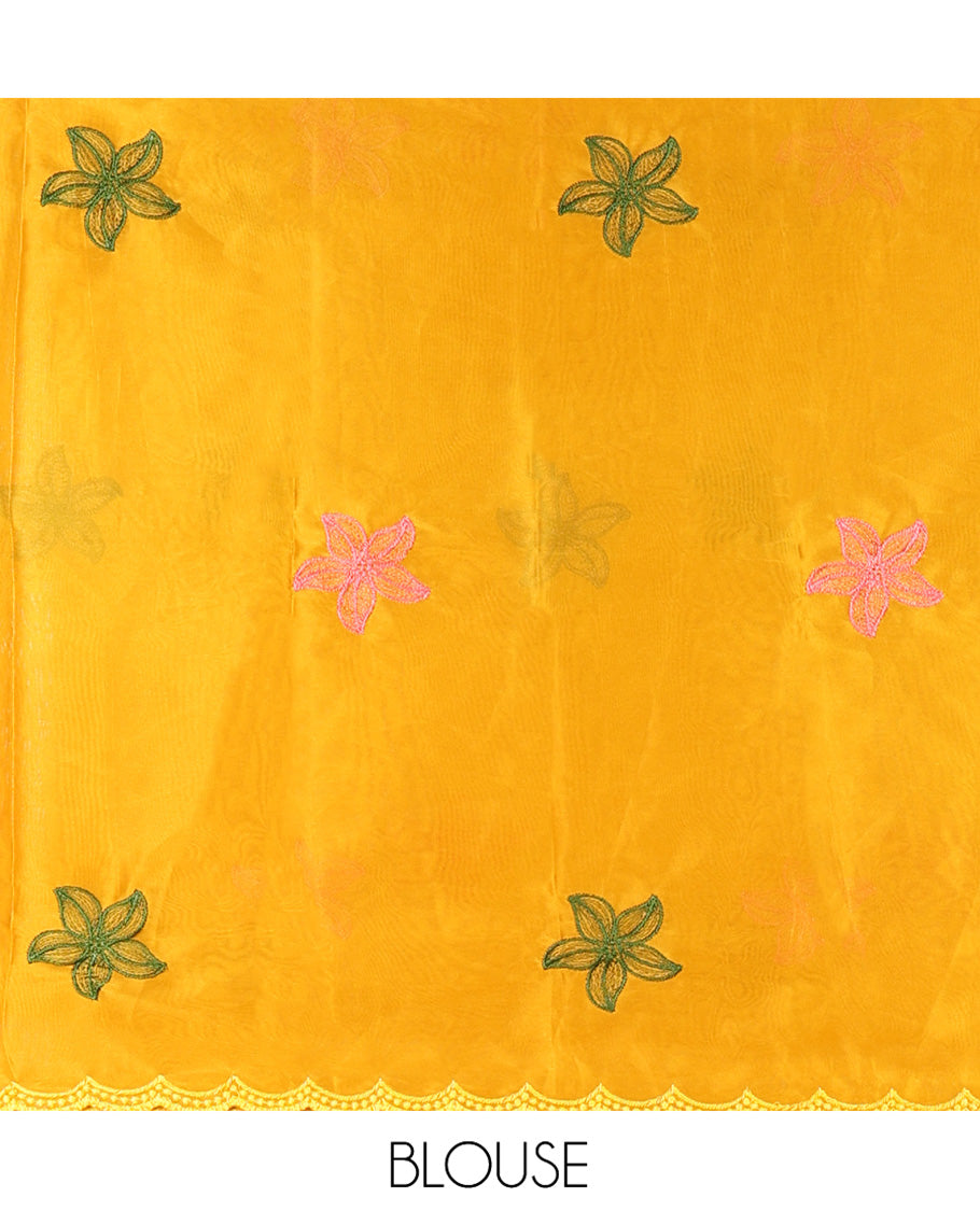 Pink Rangoli Chiffon Saree, Prettified with Multi-Color Floral Vine Embroidery on Its Body, Floral Embroidered Pallu, and Contrast Floral Embroidered Blouse