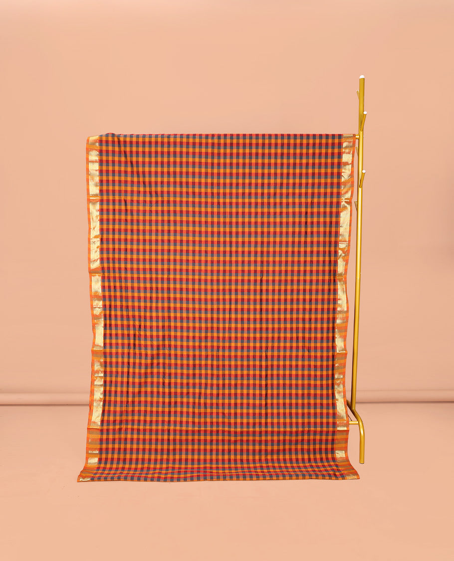 Multi-Color Medium-Checked Poly Cotton Saree, Highlighted by Zari Border, Pallu of Stripes, and Paired with a Contrast Blouse
