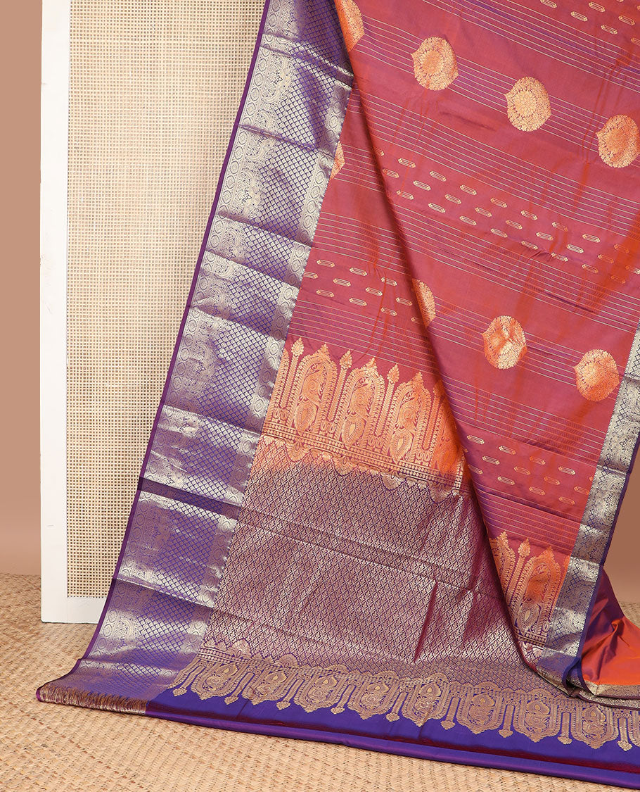 Brown striped, floral design gift saree with contrast zari design border & argyle design pallu
