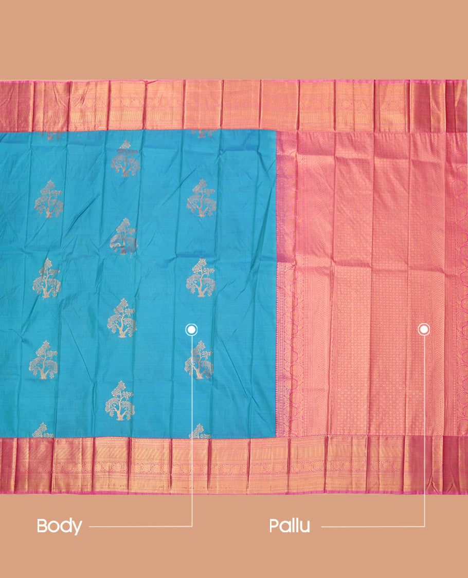 Blue Budget Silk Saree, Decorated with Tree Zari Buttas, Complemented by a Contrast Traditional Border, Grand Pallu, and a Contrast Blouse