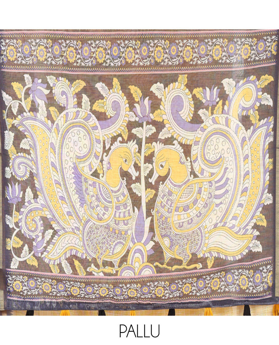 Yellow Linen Cotton Saree, Subtly Printed With Checked Design On Its Body, Complemented by Contrast Border of Kalamkari-Style Floral Vine Print, Pallu of Kalamkari Peacock Print, and Paired with a Contrast Blouse