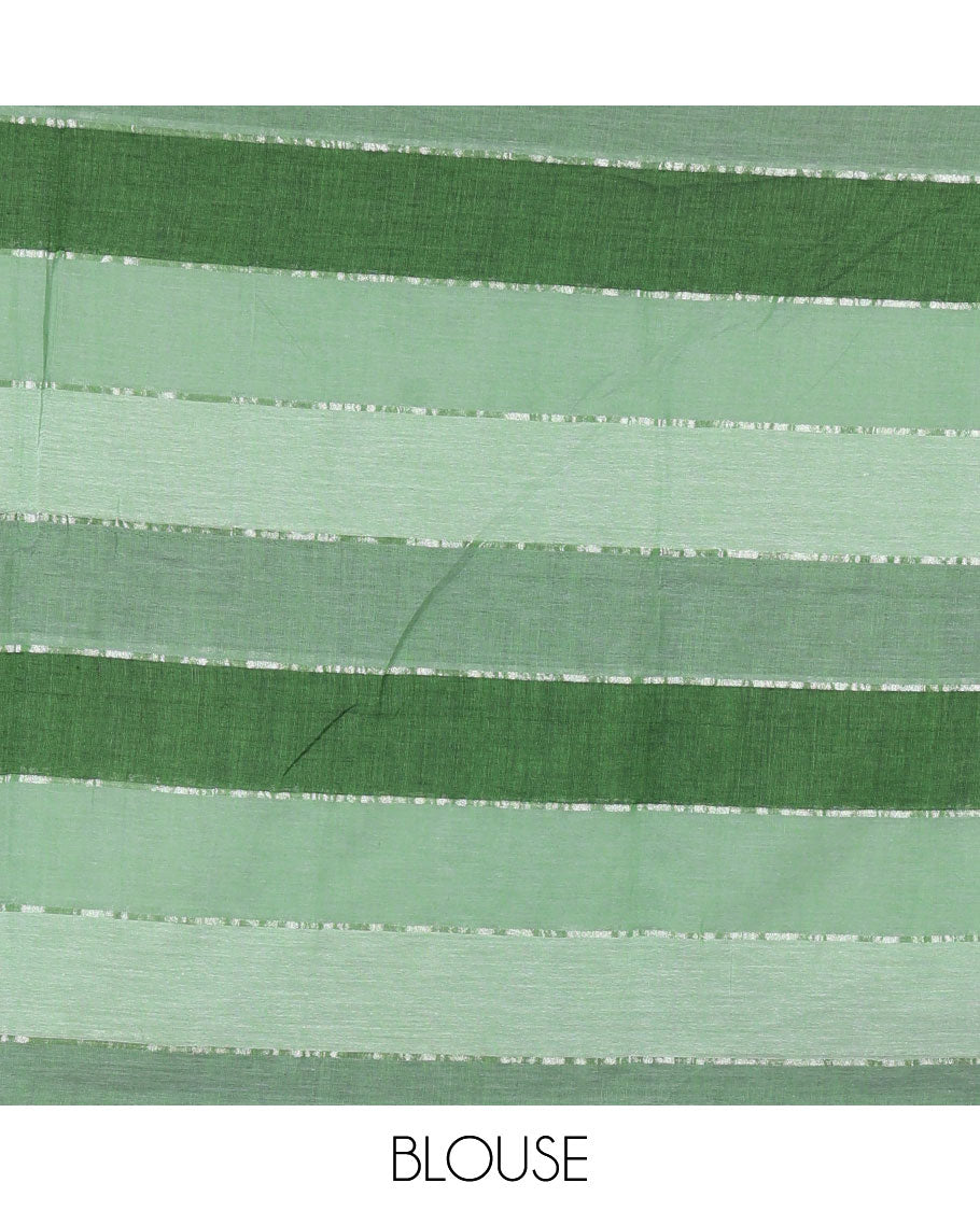Green ombre-colored striped khadi mul cotton saree, zari piping border, striped pallu, and a matching striped blouse