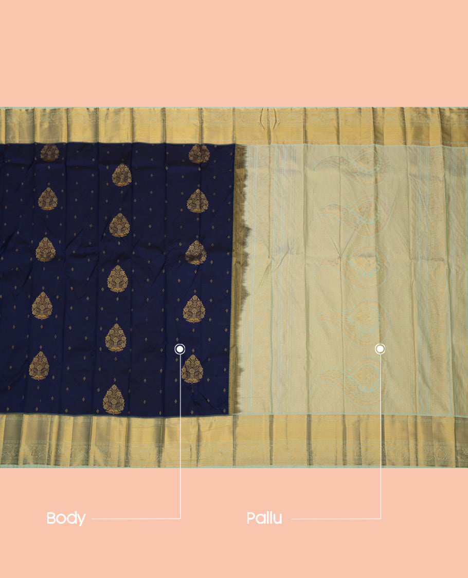 Navy Blue Budget Silk Saree, Elevated with Zari Buttas, a Contrast Traditional Zari Border, Grand Jaal Pallu, and a Contrast Blouse