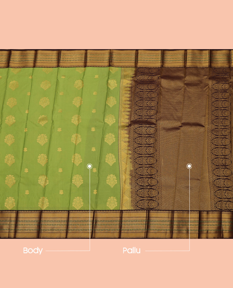 Parrot Green Budget Silk Saree, Prettified with Zari Buttas All Over Its Body, Complemented by a Contrast Traditional Zari Design Border, Grand Pallu, and Paired with a Contrast Blouse