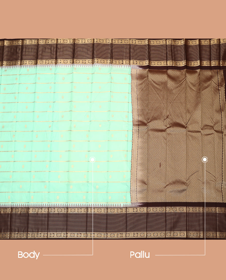 Turquoise Budget Silk Saree, Embellished with Zari Buttas and Stripes, Complemented by a Contrast Traditional Zari Border, Grand Jaal Pallu, and Contrast Blouse