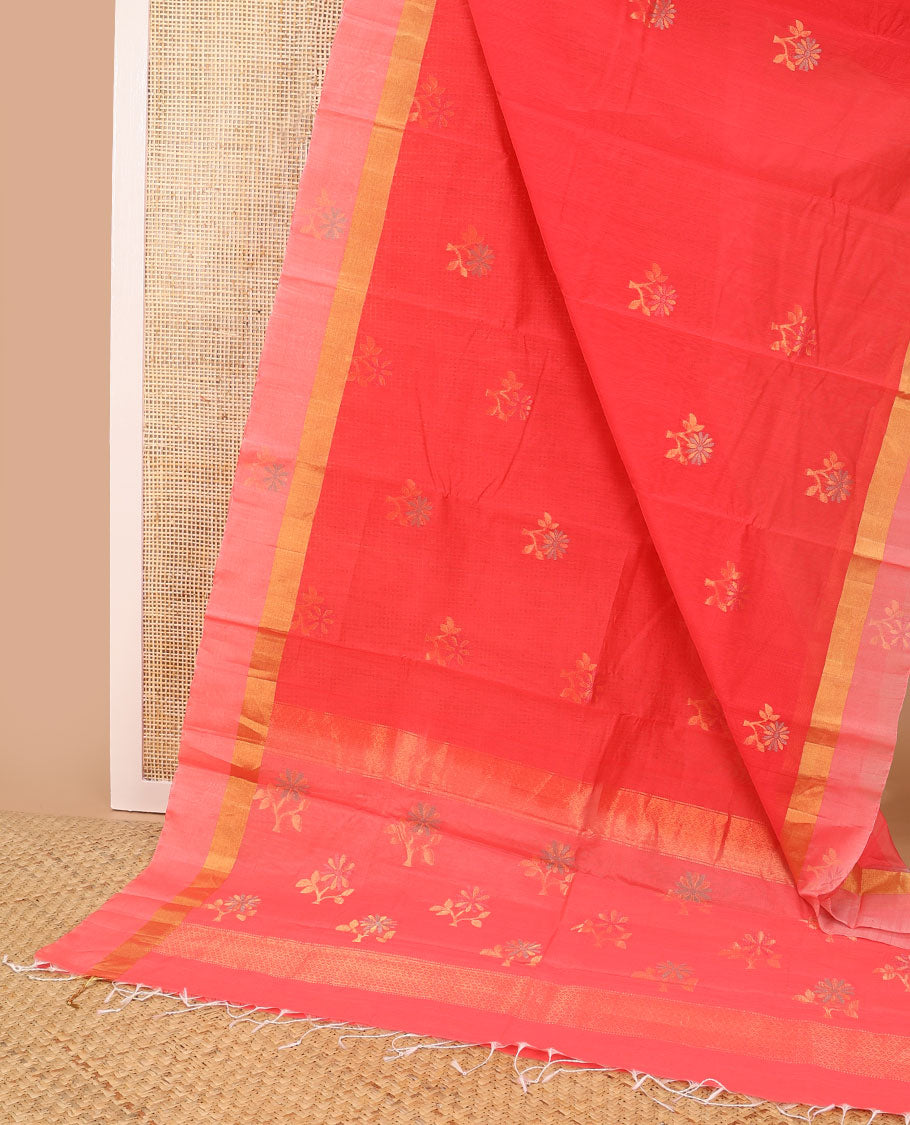 Red floral motifs silk cotton saree with contrast zari border & striped, floral design pallu