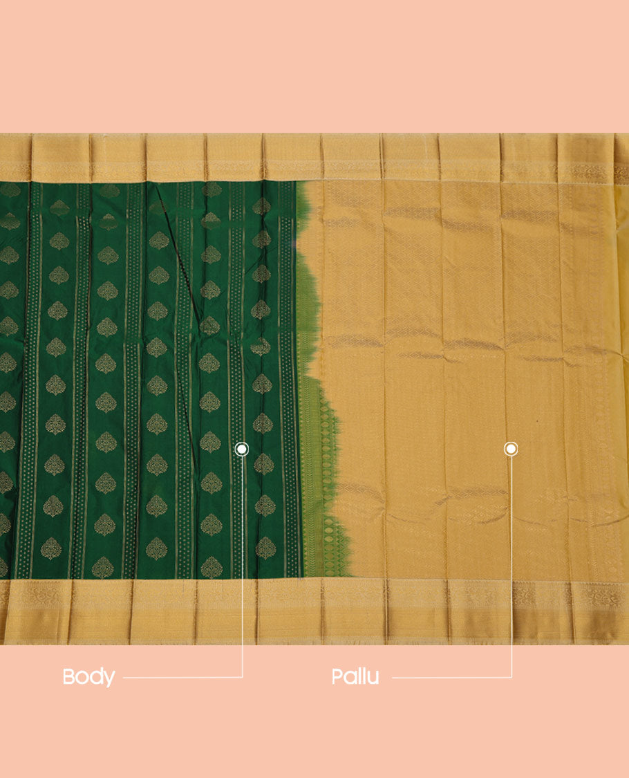 Green Budget Silk Saree, Decorated with Zari Buttas and Stripes on Its Body, Complemented by a Contrast Traditional Zari Border, Sparsely Woven Pallu, and Paired with a Contrast Blouse