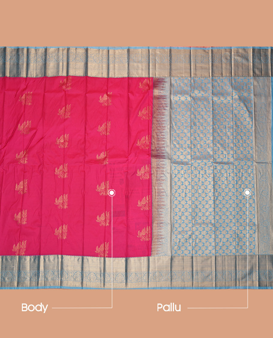Pink Budget Silk Saree, Featuring Zari Buttas, Contrast Traditional Zari Border, Grand Pallu, and a Contrast Blouse