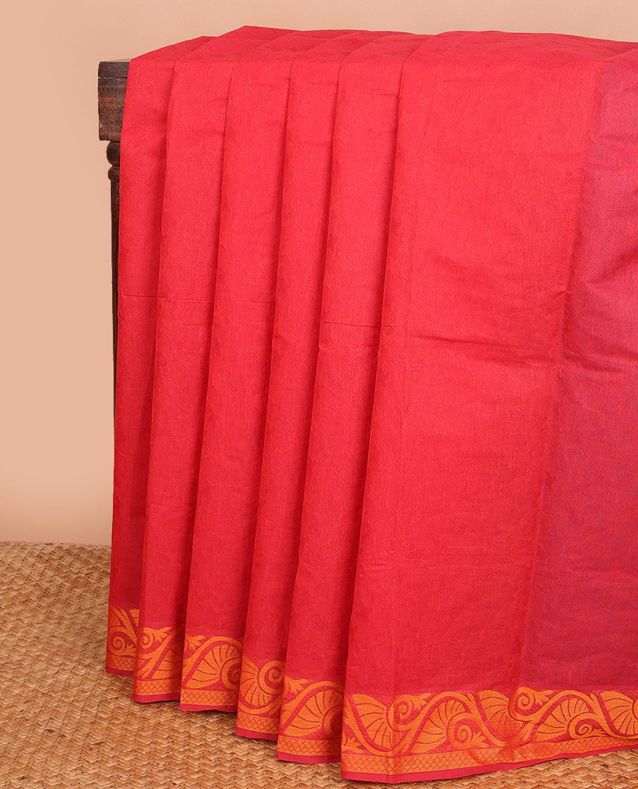 Red Combatiore cotton saree, floral design border & contrast floral design pallu