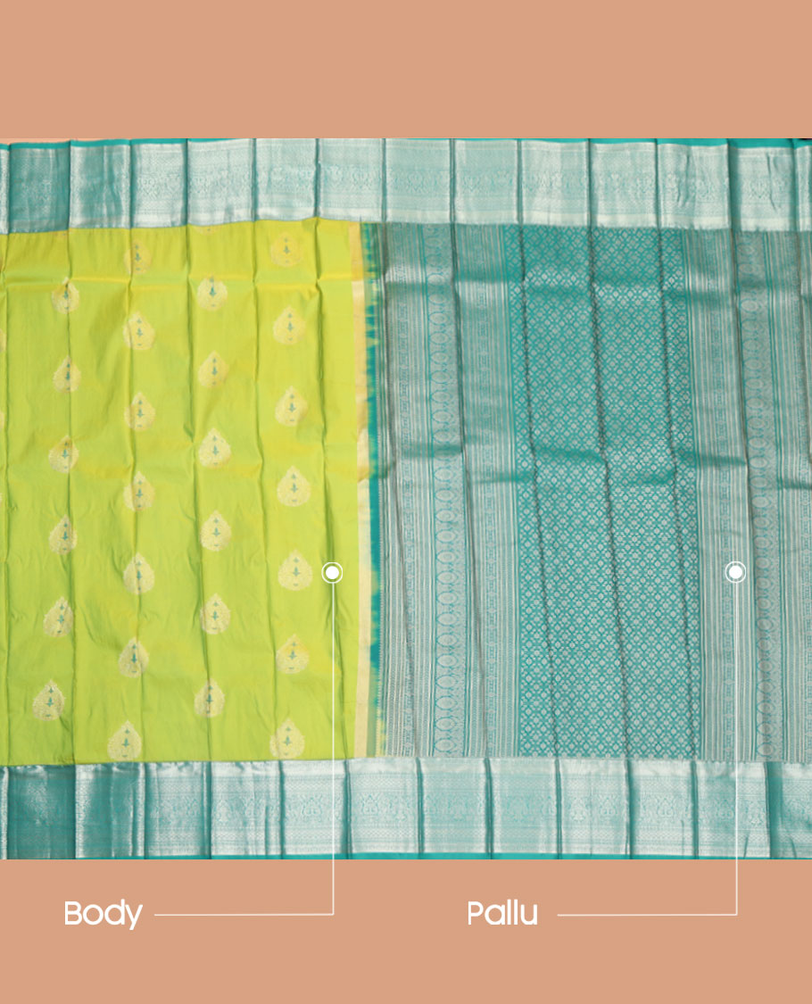 Green Budget Silk Saree, Featuring Zari Buttas All Over Its Body, Complemented by a Contrast Traditional Zari Design Border, Intricately Designed Pallu, and Paired with a Contrast Blouse