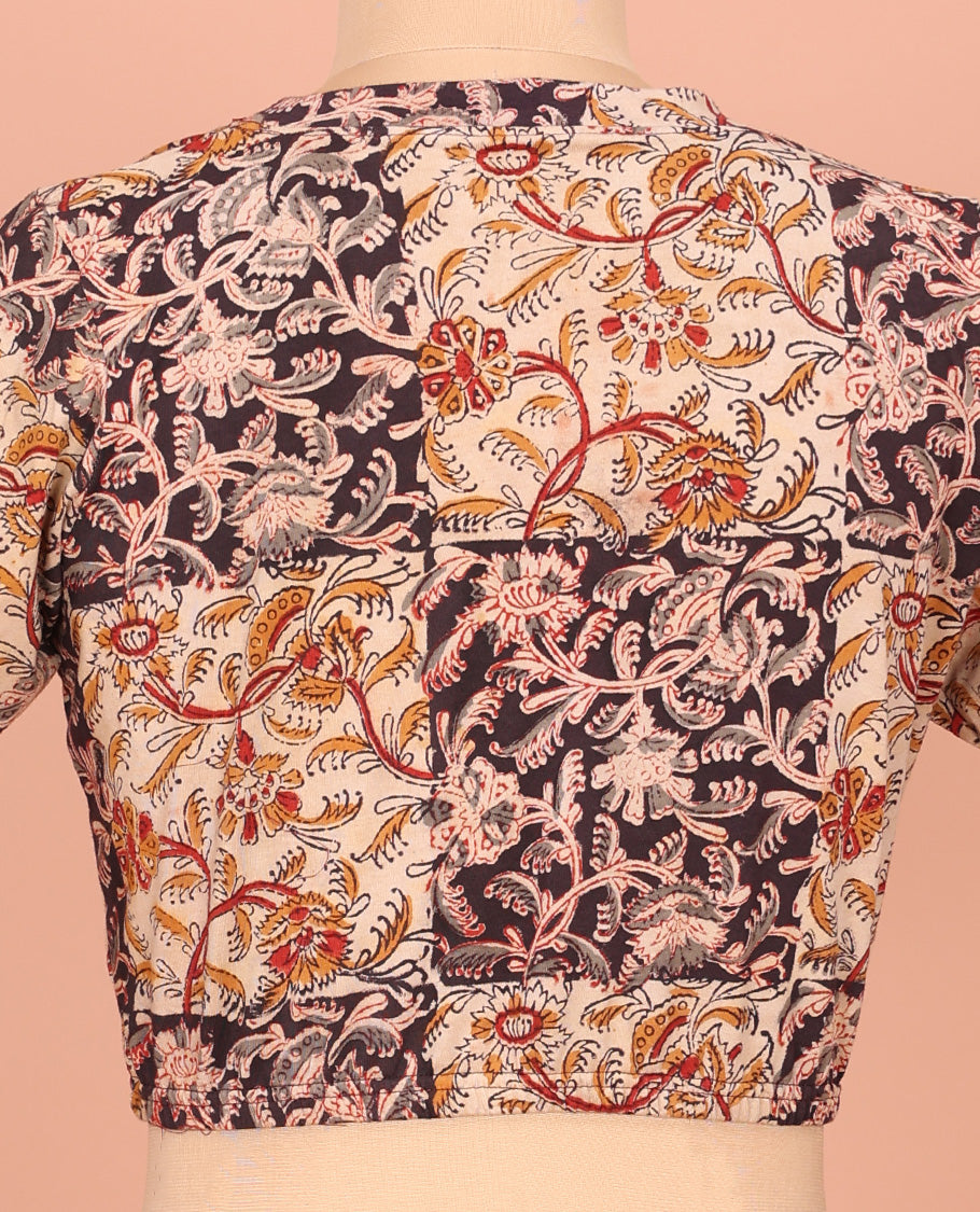 Cream Cotton Readymade Blouse Prettified with All-Over Floral Motifs Print, Front V-Neck, Back Closed Neck, and Elbow Sleeves