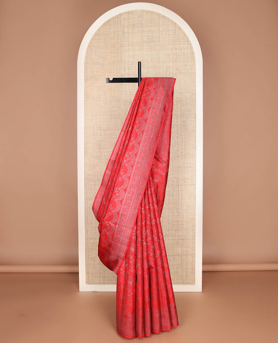 Red floral jaal jacquard silk saree, self-border & pallu of sparsely zari woven intricate designs