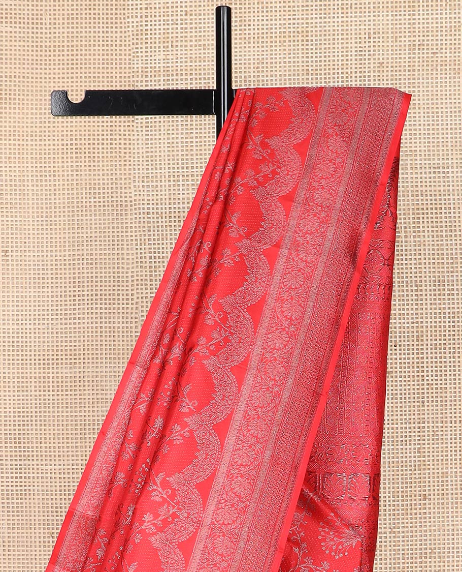 Red floral jaal jacquard silk saree, self-border & pallu of sparsely zari woven intricate designs