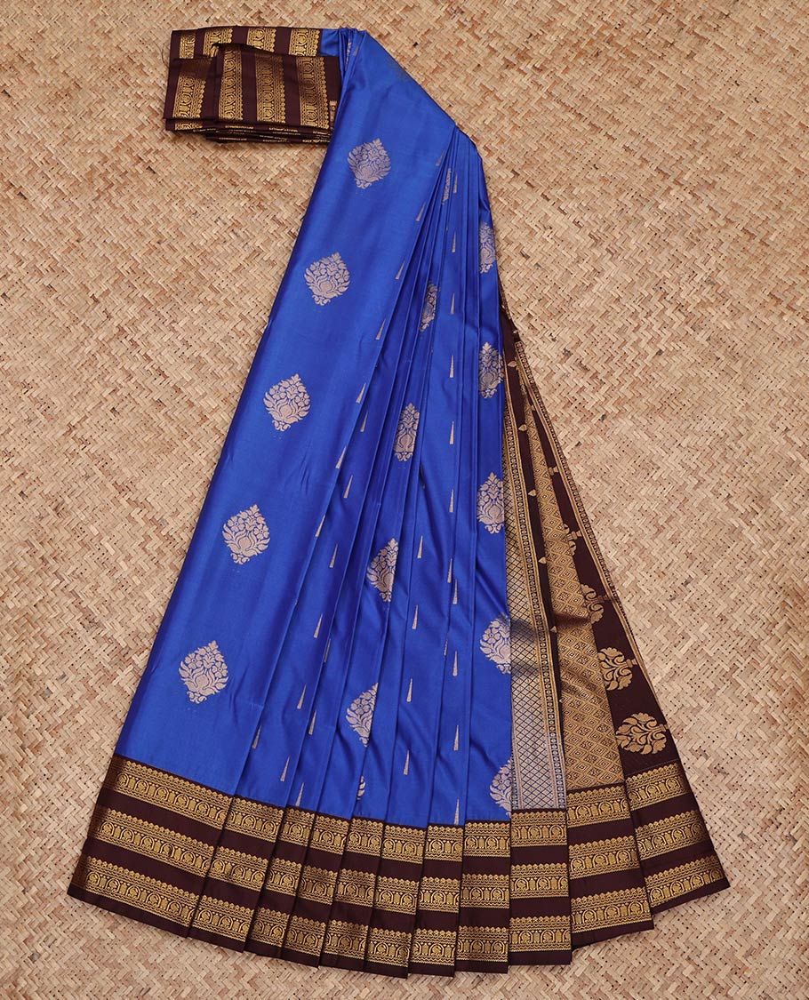 Royal Blue Budget Silk Saree, Decked Up with Zari Buttas on Its Body, Complemented by a Contrast Traditional Zari Border, Grand Jaal Pallu, and Paired with a Contrast Blouse