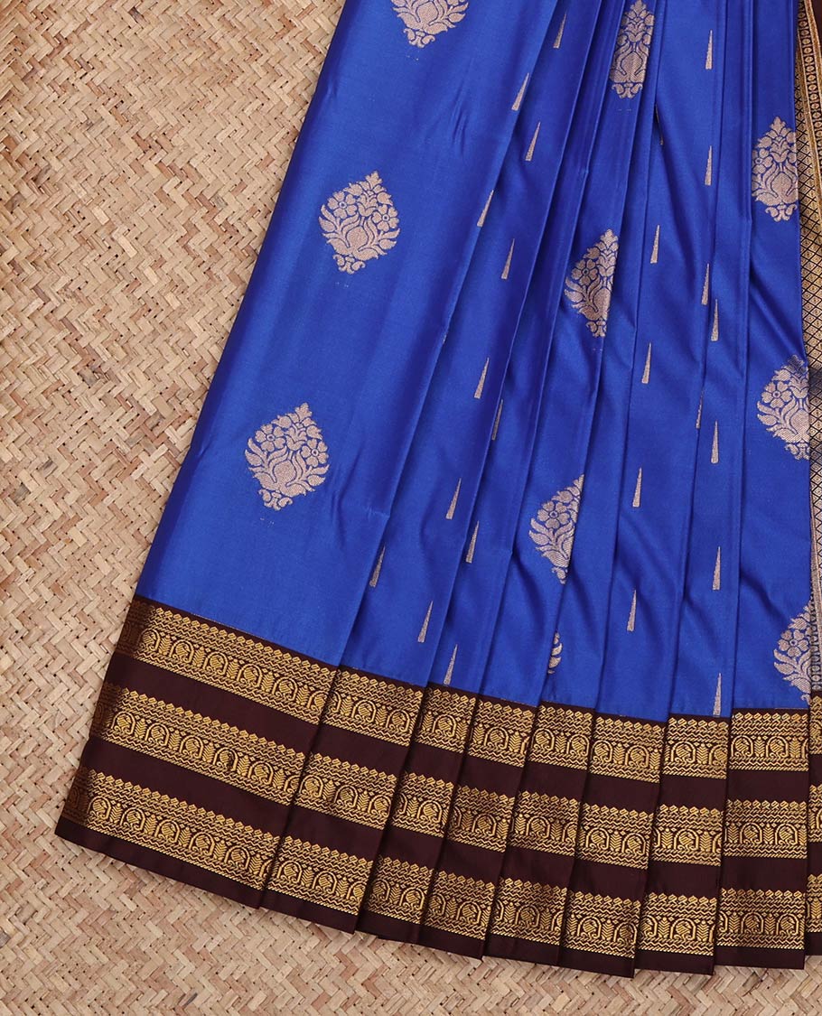 Royal Blue Budget Silk Saree, Decked Up with Zari Buttas on Its Body, Complemented by a Contrast Traditional Zari Border, Grand Jaal Pallu, and Paired with a Contrast Blouse