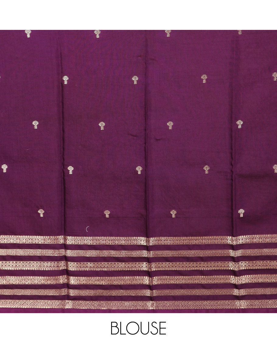 Rani pink buttas assam silk saree, contrast traditional zari border, and pallu of zari design