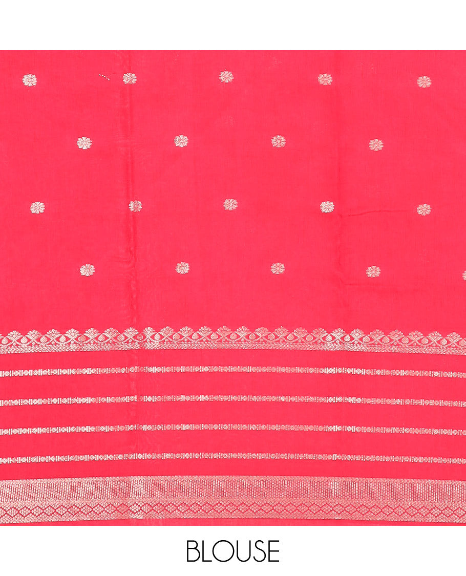 Orange Assam Silk Saree Gleamed Up with Floral Zari Buttas, Complemented by a Contrast Traditional Zari Border, a Captivating Pallu of Zari Designs, and Paired with a Contrast Blouse