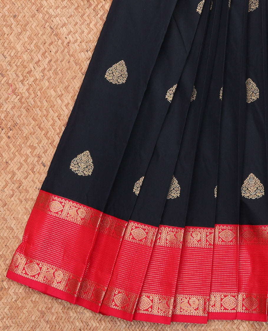 Black Budget Silk Saree, Crafted with Buttas, Complemented by a Contrast Traditional Zari Border, Grand Pallu, and a Contrast Blouse