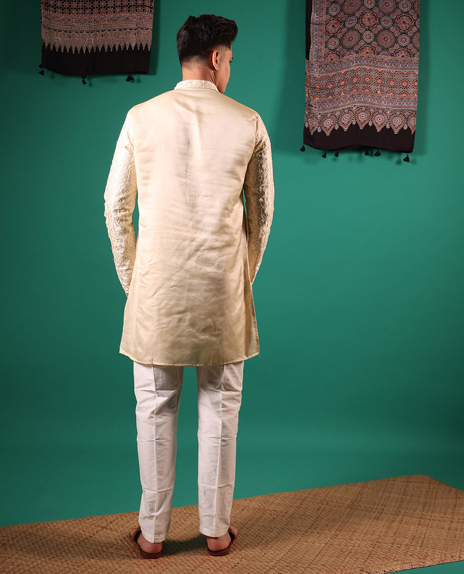Cream Mughal style Arches thread embroidered full-sleeved men's kurta