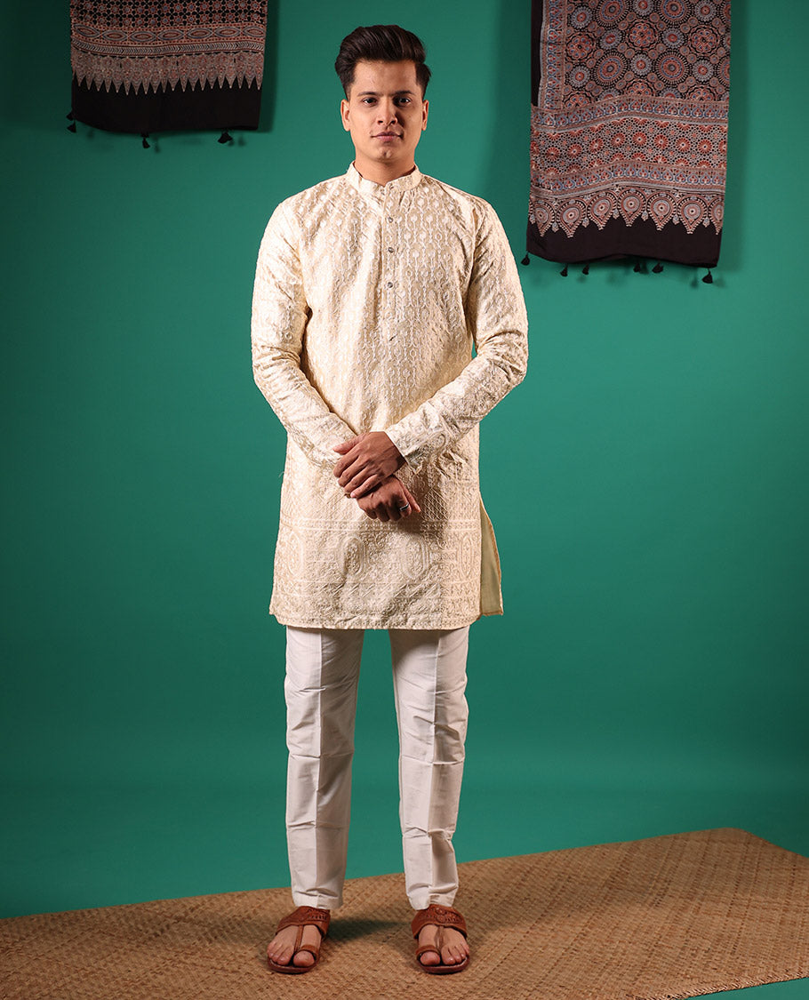 Cream Mughal style Arches thread embroidered full-sleeved men's kurta