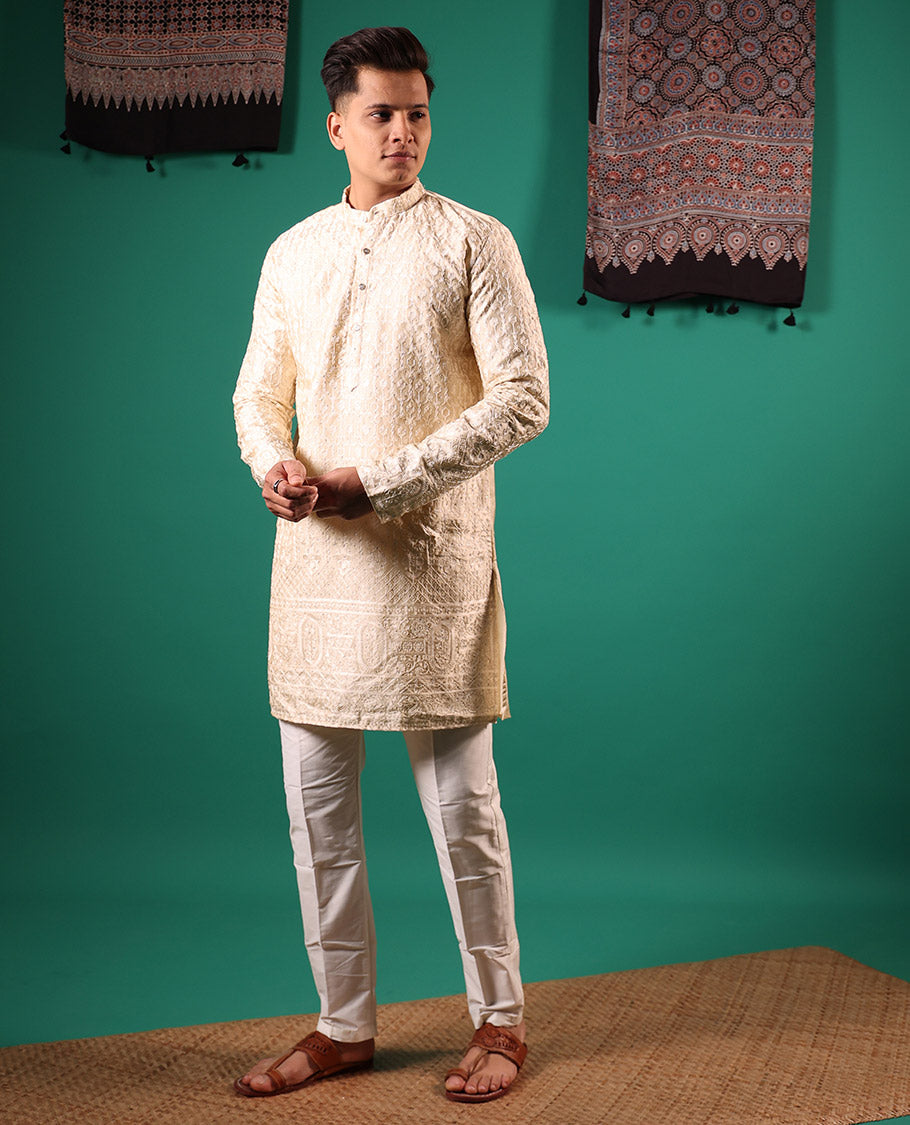 Cream Mughal style Arches thread embroidered full-sleeved men's kurta
