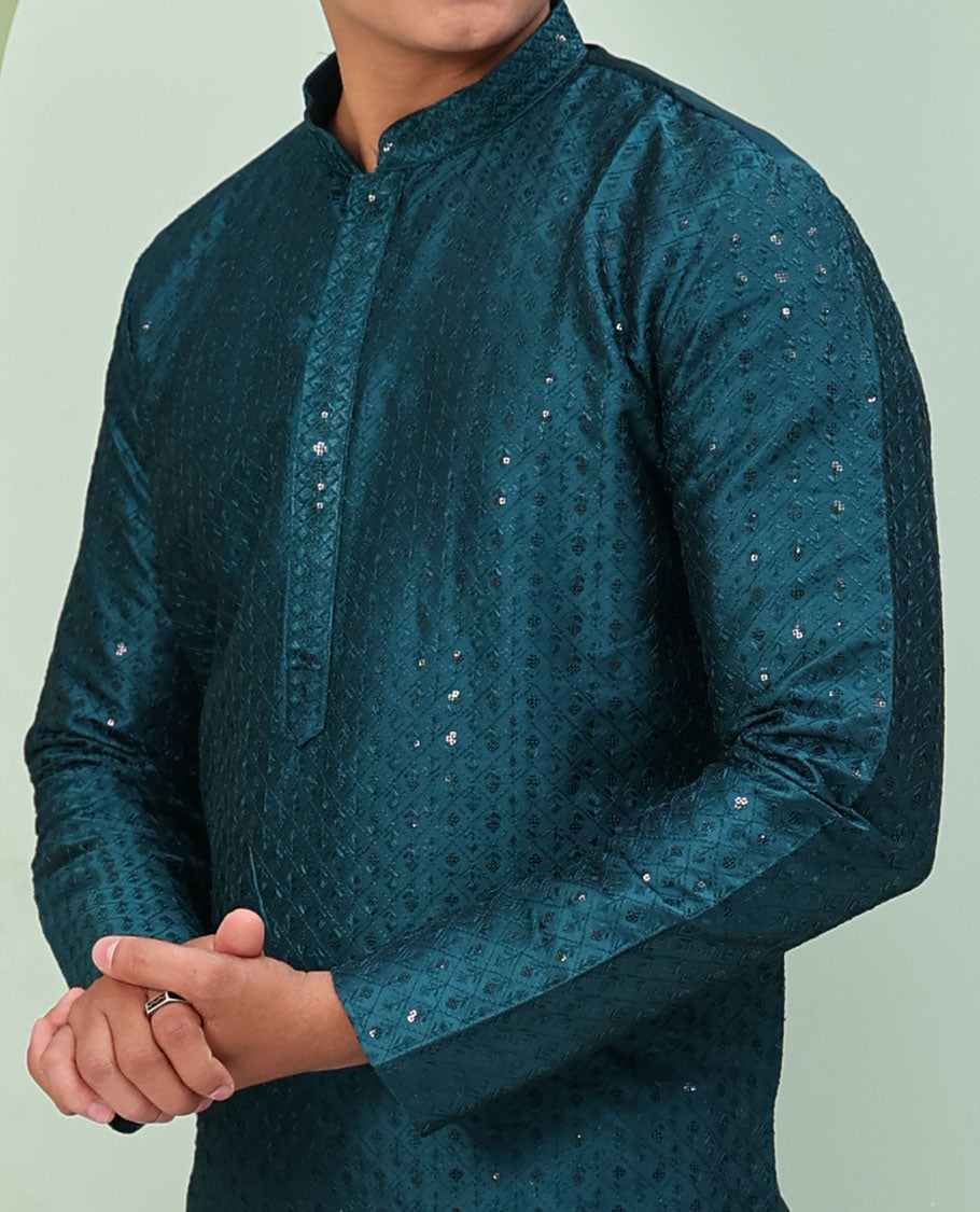 Peacock blue color argyle design sequins embroidered full-sleeve kurta set