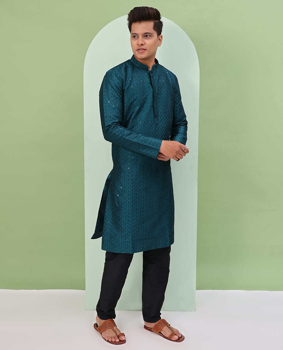 Peacock blue color argyle design sequins embroidered full-sleeve kurta set