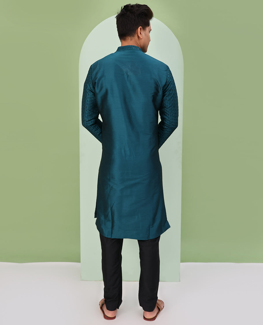 Peacock blue color argyle design sequins embroidered full-sleeve kurta set