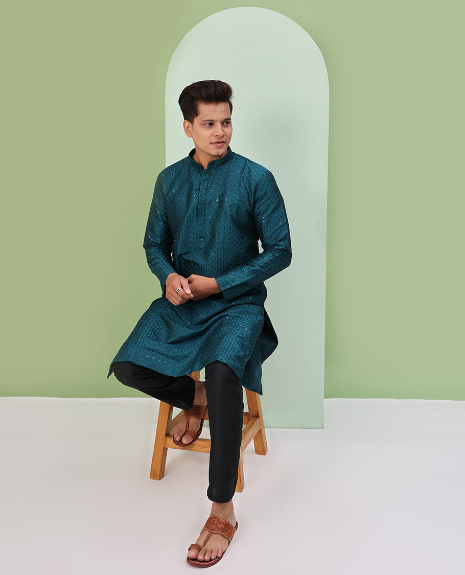Peacock blue color argyle design sequins embroidered full-sleeve kurta set