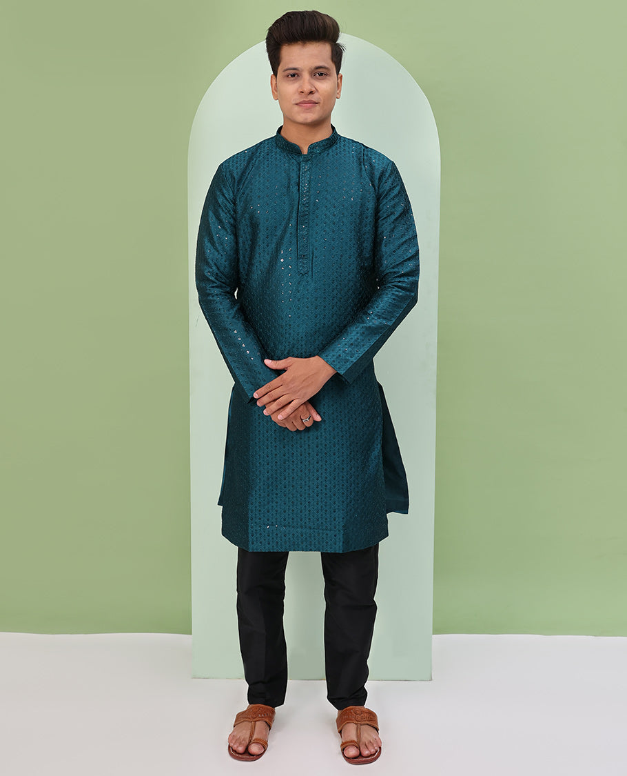 Peacock blue color argyle design sequins embroidered full-sleeve kurta set