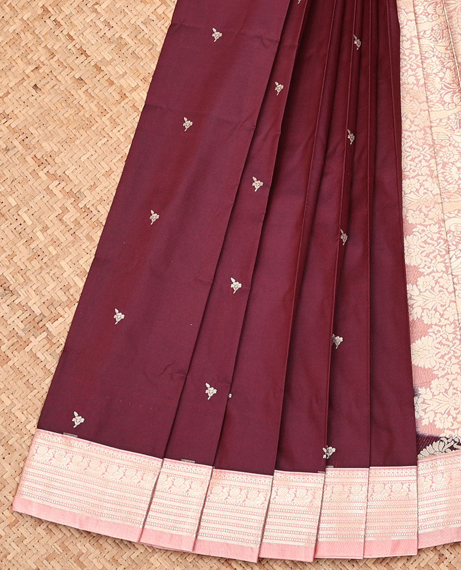 Maroon Budget Silk Saree, Woven with Zari Buttas, Complemented by a Contrast Traditional Zari Design Border, Grandly Designed Pallu, and Paired with a Contrast Blouse