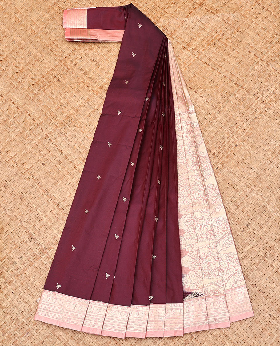 Maroon Budget Silk Saree, Woven with Zari Buttas, Complemented by a Contrast Traditional Zari Design Border, Grandly Designed Pallu, and Paired with a Contrast Blouse