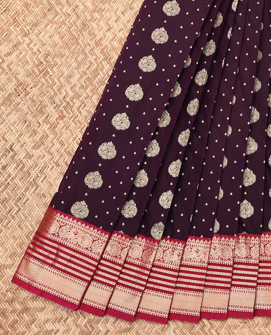 Maroon Budget Silk Saree, Embellished with Zari Buttas, Complemented by a Contrast Traditional Zari Border, Grand Pallu, and a Contrast Blouse