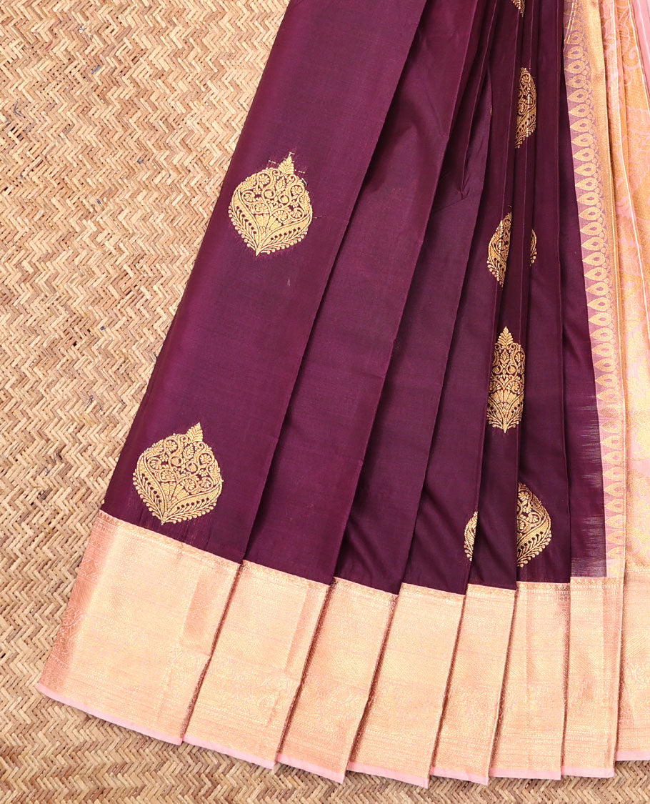 Wine Budget Silk Saree, Elevated with Zari Buttas, Complemented by Contrast Traditional Zari Border, a Grand Pallu and a Contrast Blouse