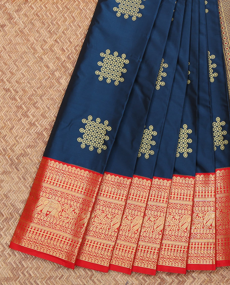 Blue Budget Silk Saree, Accentuated with Kolam Buttas on Its Body, Complemented by Contrast Traditional Zari Design Border, Grand Jaal Pallu, and Paired with a Contrast Blouse