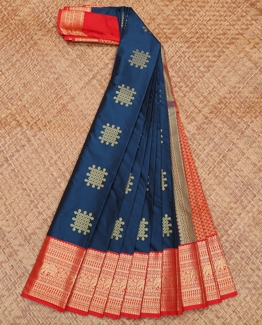 Blue Budget Silk Saree, Accentuated with Kolam Buttas on Its Body, Complemented by Contrast Traditional Zari Design Border, Grand Jaal Pallu, and Paired with a Contrast Blouse