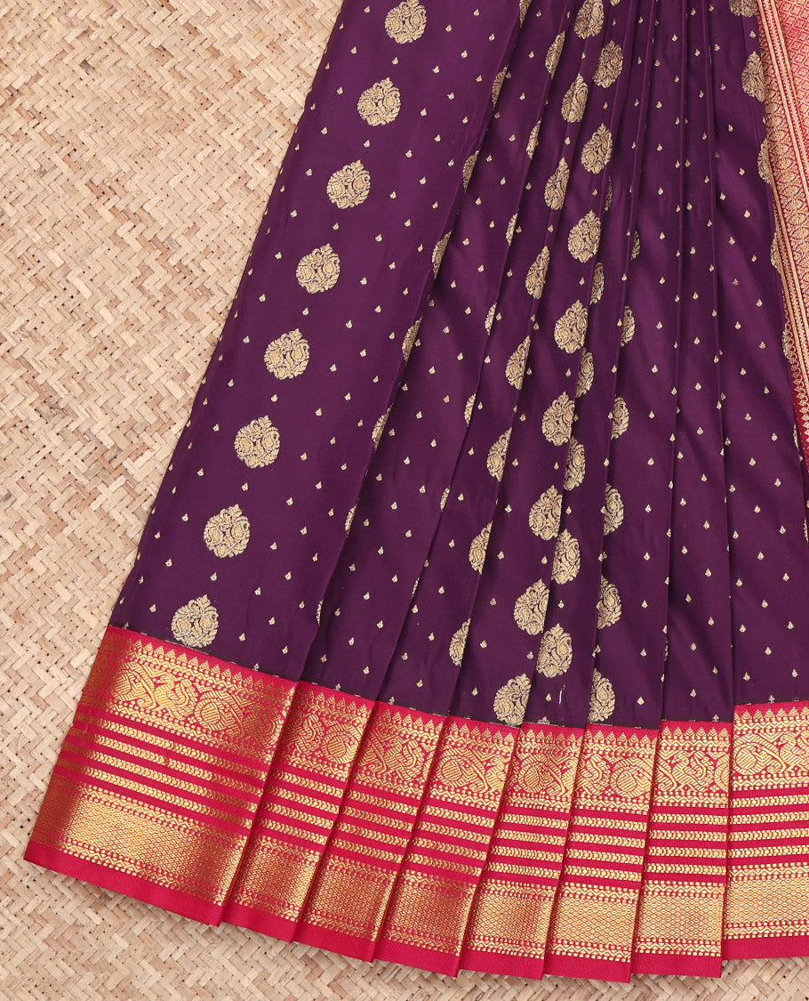 Purple Budget Silk Saree, Graced with Zari Buttas on Its Body, Complemented by a Contrast Traditional Zari Border, Grand Pallu, and Paired with a Contrast Blouse