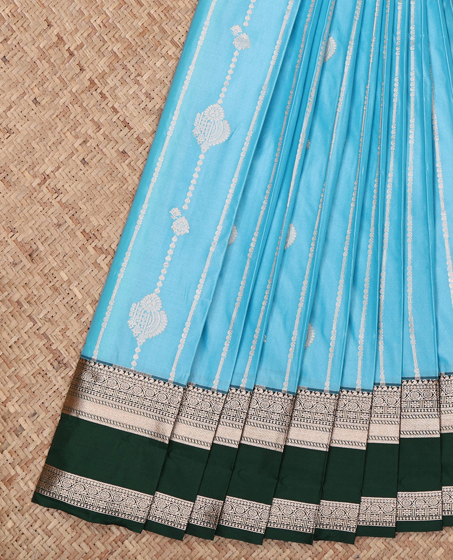 Blue Budget Silk Saree, Decked Up with Zari Designs All Over Its Body, Complemented by a Contrast Traditional Zari Design Rettai Pettu Border, Intricate Pallu, and Paired with a Contrast Blouse