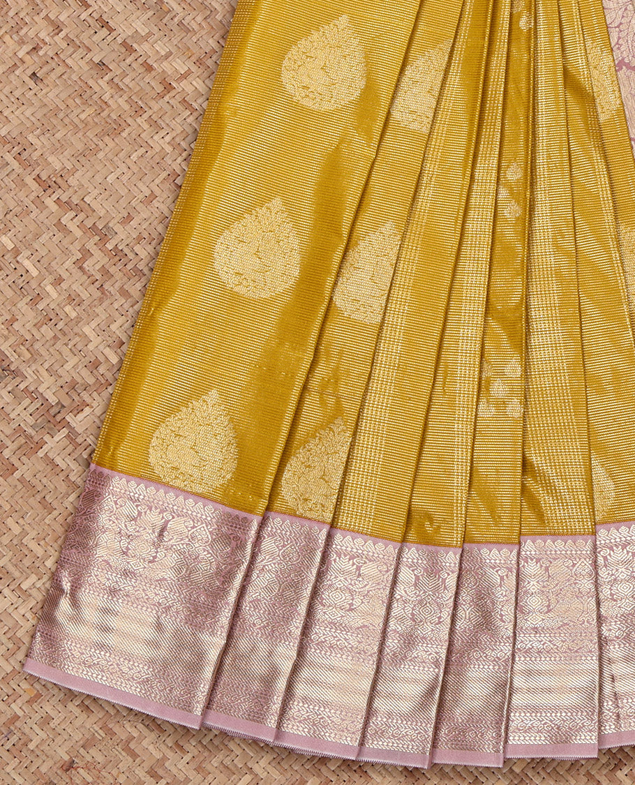 Yellow Budget Silk Saree, Subtly Sparkled with Zari Buttas and Stripes on Its Body, Complemented by a Contrast Traditional Zari Design Border, Paisley Design Pallu, and Paired with a Contrast Blouse