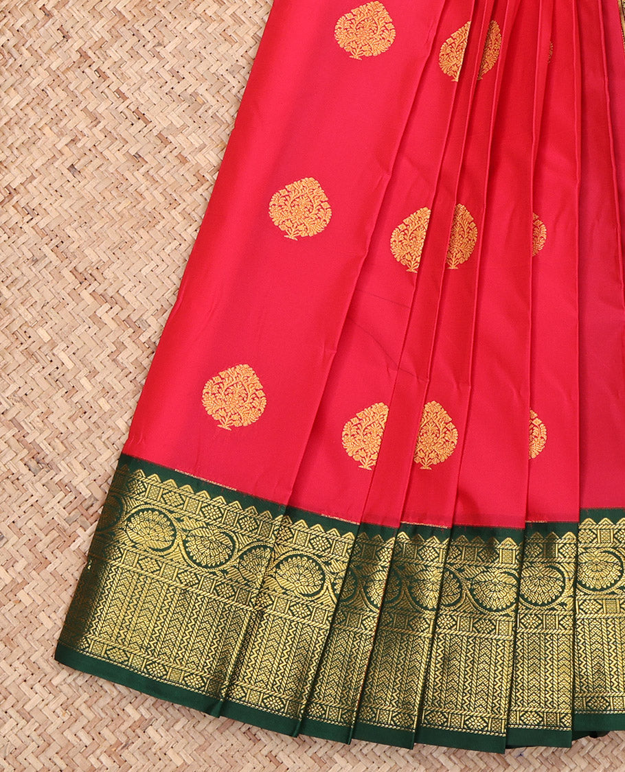 Red Budget Silk Saree, Mesmerized with Zari Buttas, Captivating Contrast Traditional Zari Design Border, Grand Pallu, and a Contrast Blouse