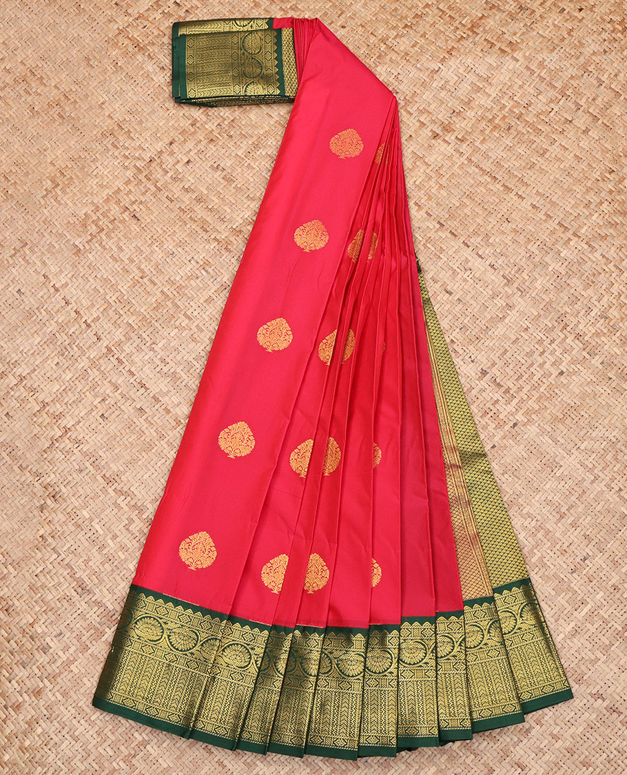 Red Budget Silk Saree, Mesmerized with Zari Buttas, Captivating Contrast Traditional Zari Design Border, Grand Pallu, and a Contrast Blouse