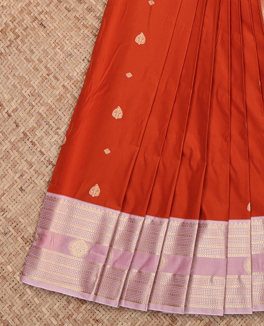 Rust Budget Silk Saree, Woven with Zari Buttas, Complemented by Contrast Traditional Design Zari Border, Grand Pallu and a Contrast Blouse